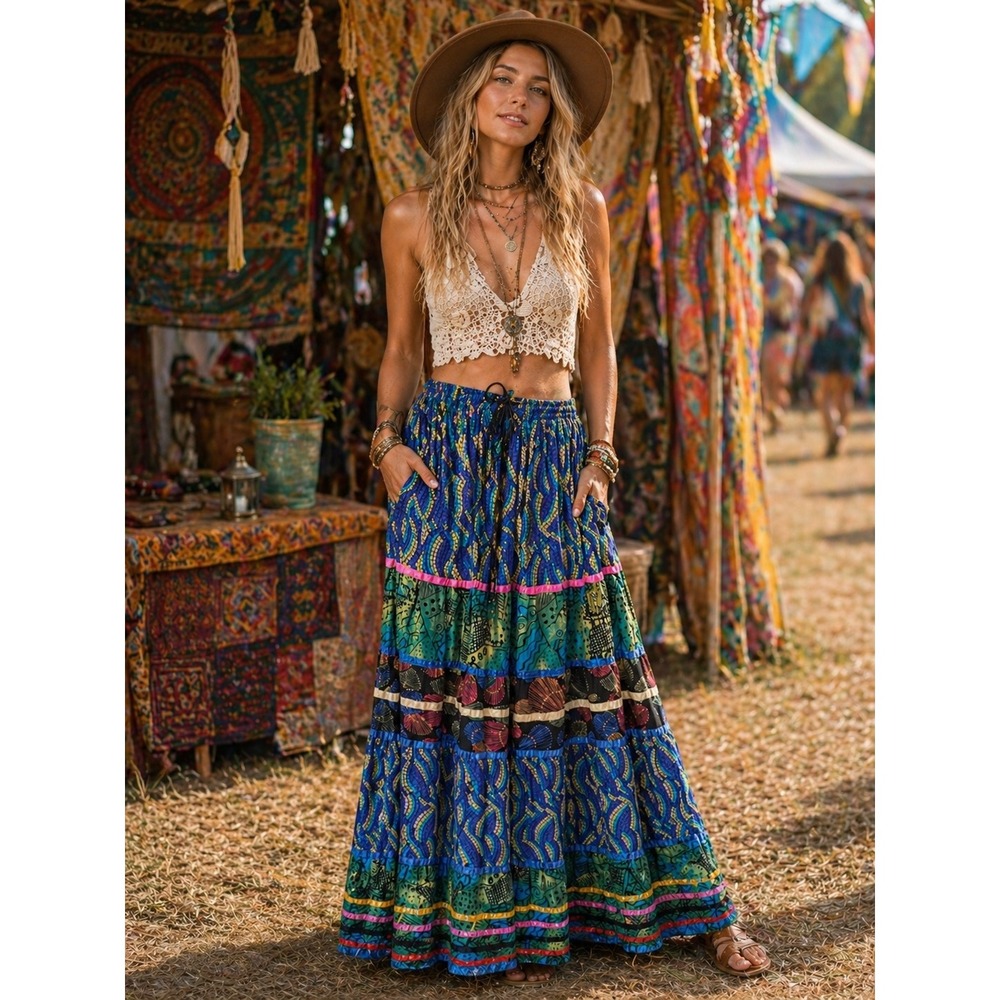 Marsh Landing Womens Blue Multi Mosaic Print Tiered Boho‎ Maxi Skirt Medium